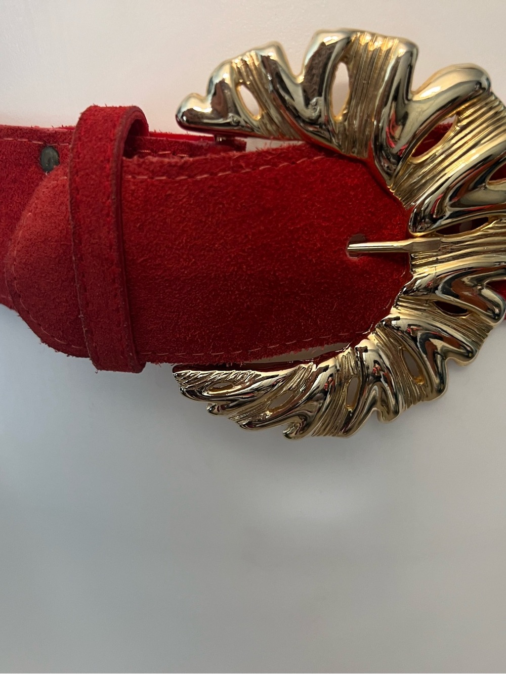 Vintage Red Genuine Leather/Suede Belt Gold Leaf Buckle Made in USA 37”